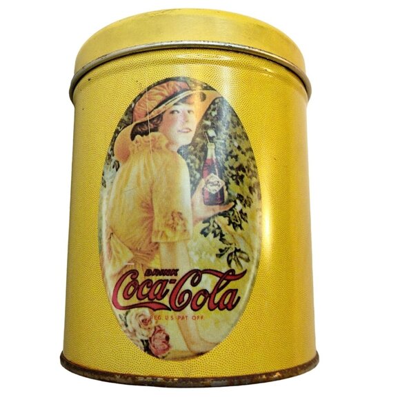 Vintage Coca Cola Tin Canister Yellow Lady Holding Coke Lidded Retro 1980s - Picture 1 of 11